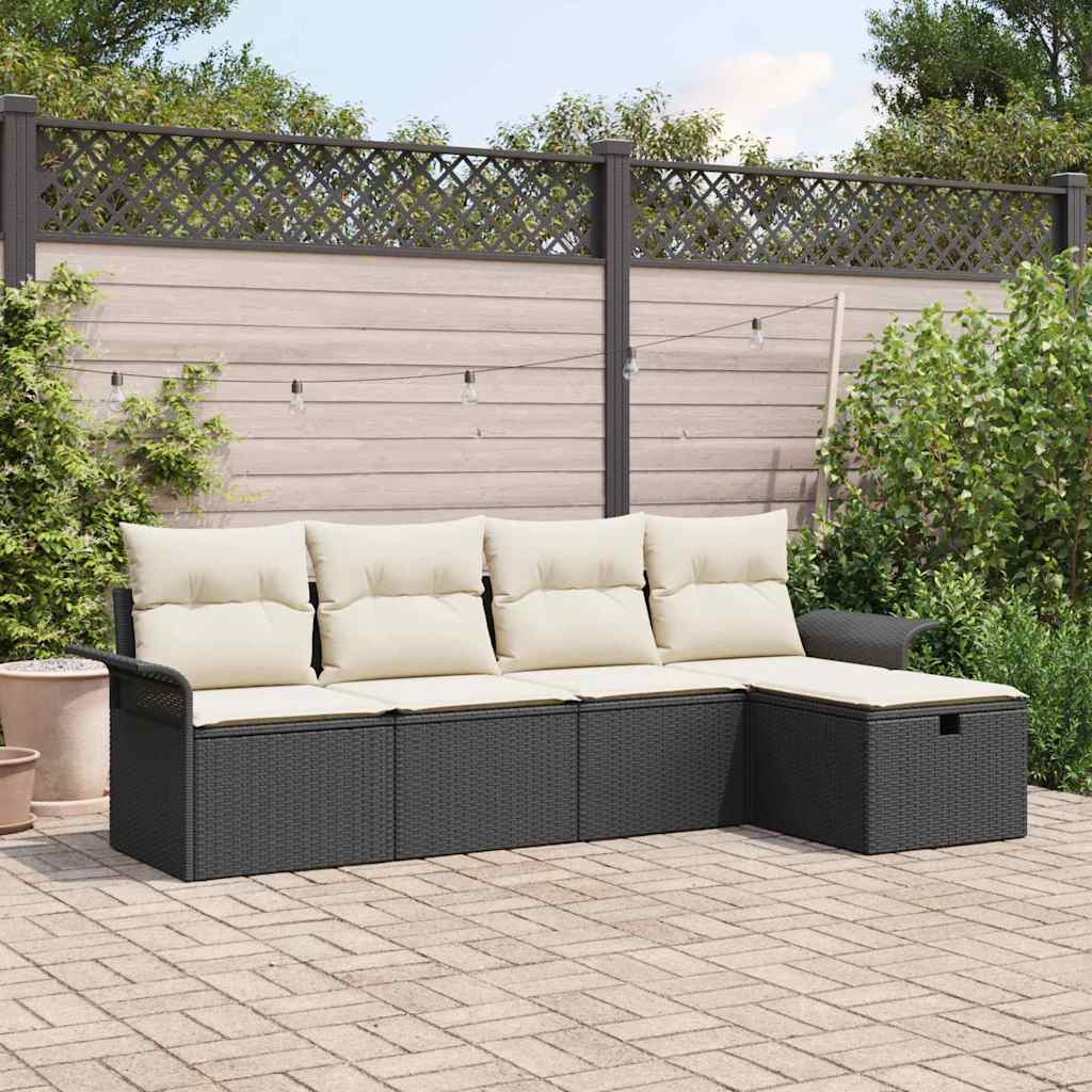Garten-Sofa-Set mit Kissen 5 pcs Schwarz und Creme Poly Rattan